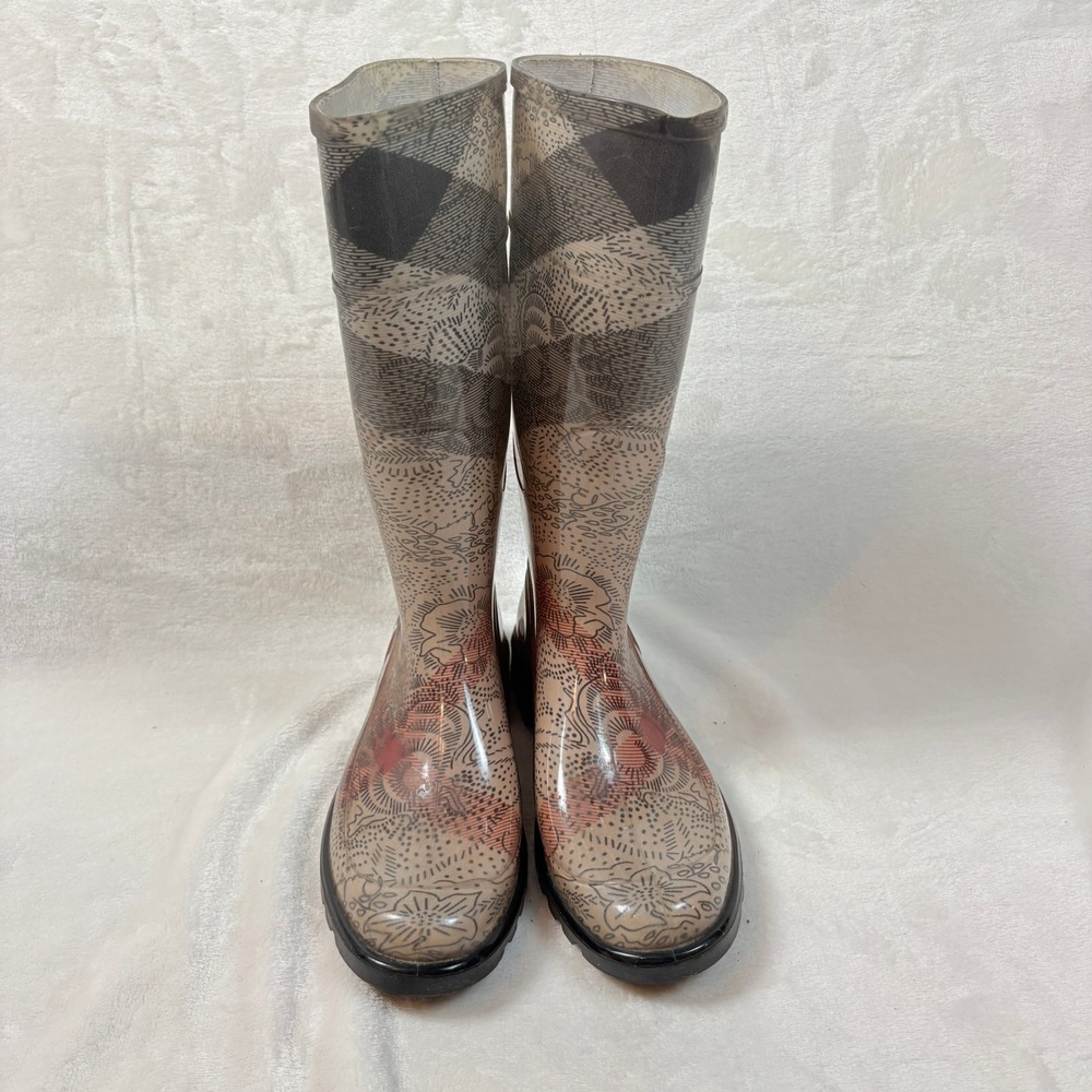 Burberry Rain Boots Women Size 40 Tan Nova Check Floral Tall Rubber GUC - Picture 5 of 14